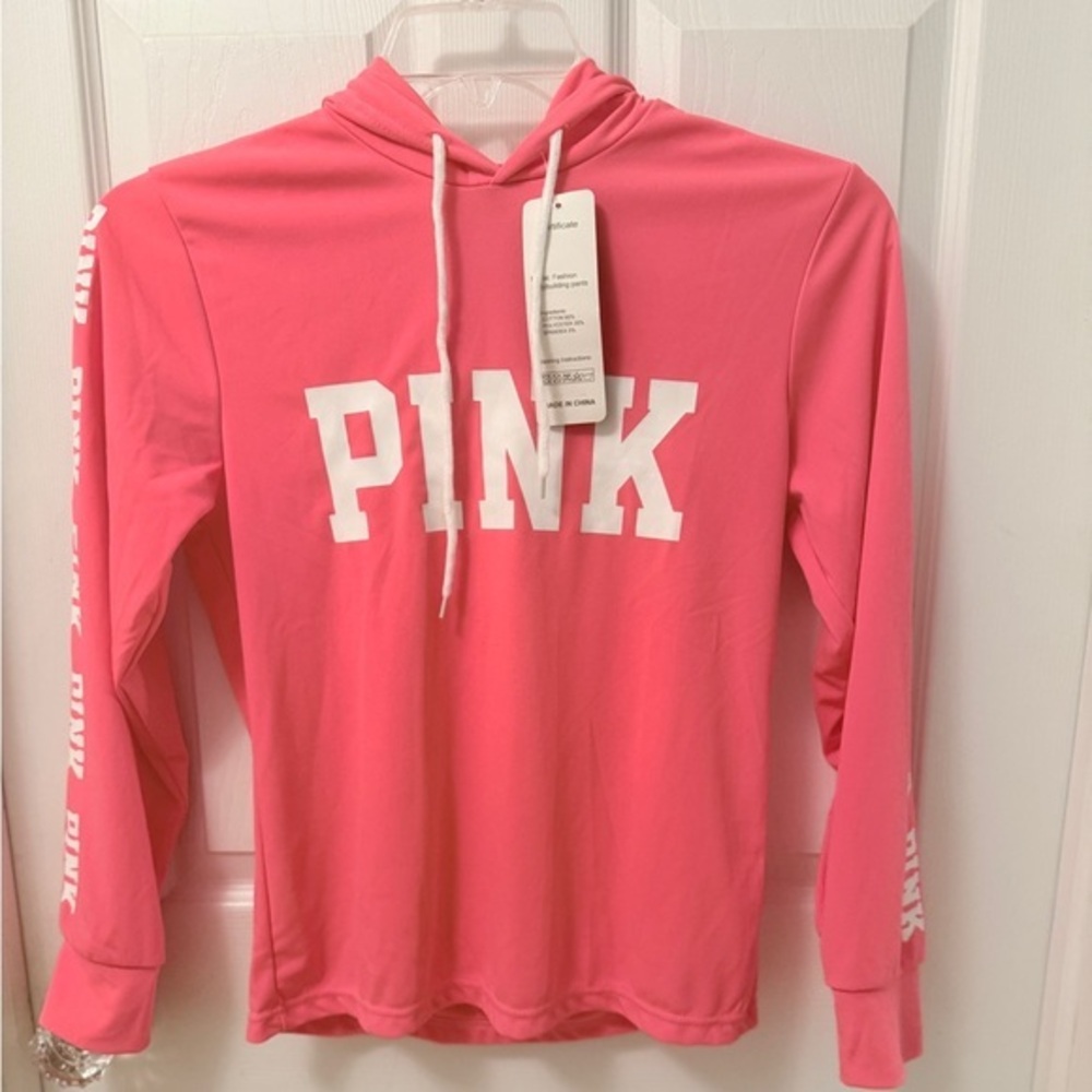 PINK long sleeve tshirt w/hood. NEW WITH TAG. FS